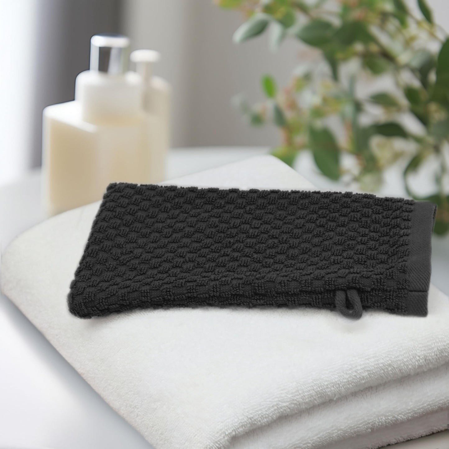 COTTON CRAFT Bath Mitt - Exfoliating Glove - Set of 6 Euro Spa Waffle Weave Towel Mitts - 100% Cotton Body Shower Glove Washcloth with Hanging Loop - Sensitive Skin Friendly - Large 5.5x10 -Black