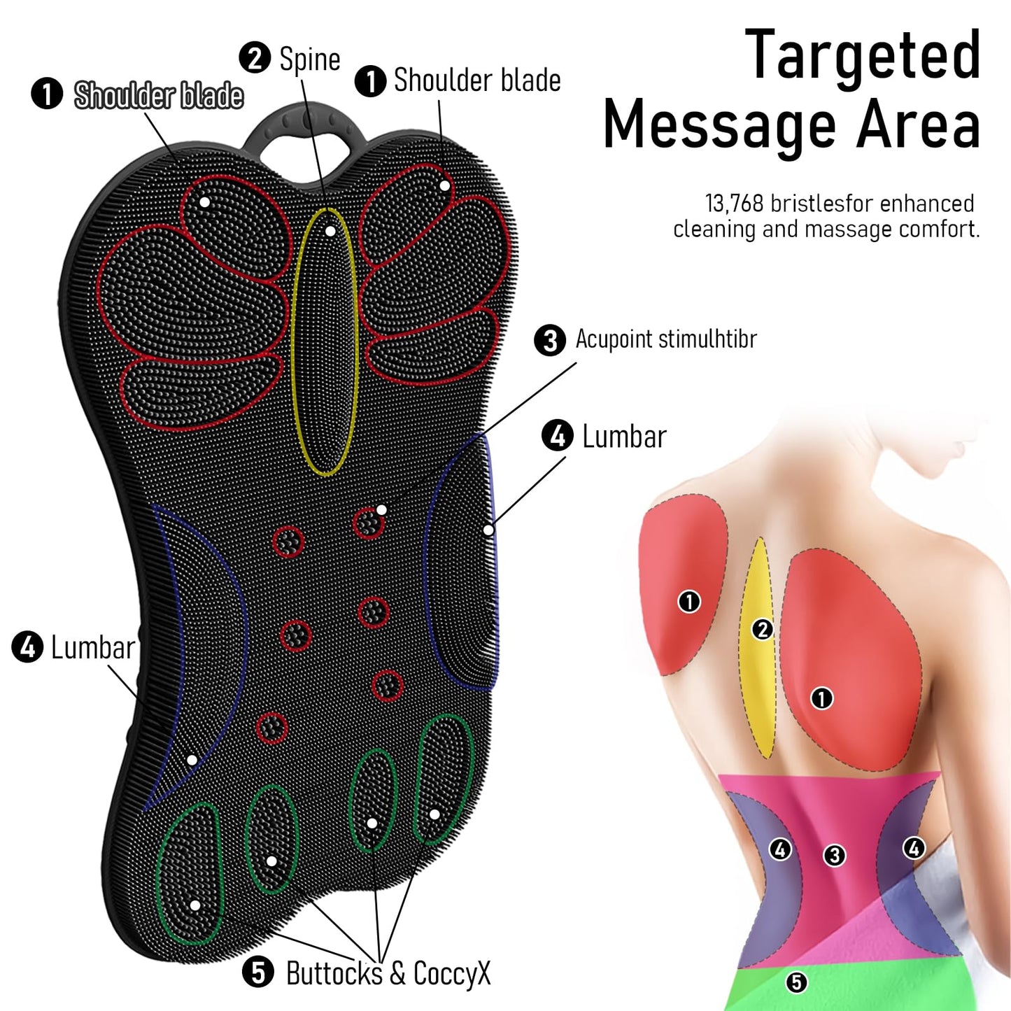Back Scrubber for Shower Wall Mounted Men Exfoliating Scratcher Mat Extra Large Silicone Hands Free Body Brush, 3D Ergonomic Back Support Message Lower Pain Relief with Anti-slip Suction Cups Black