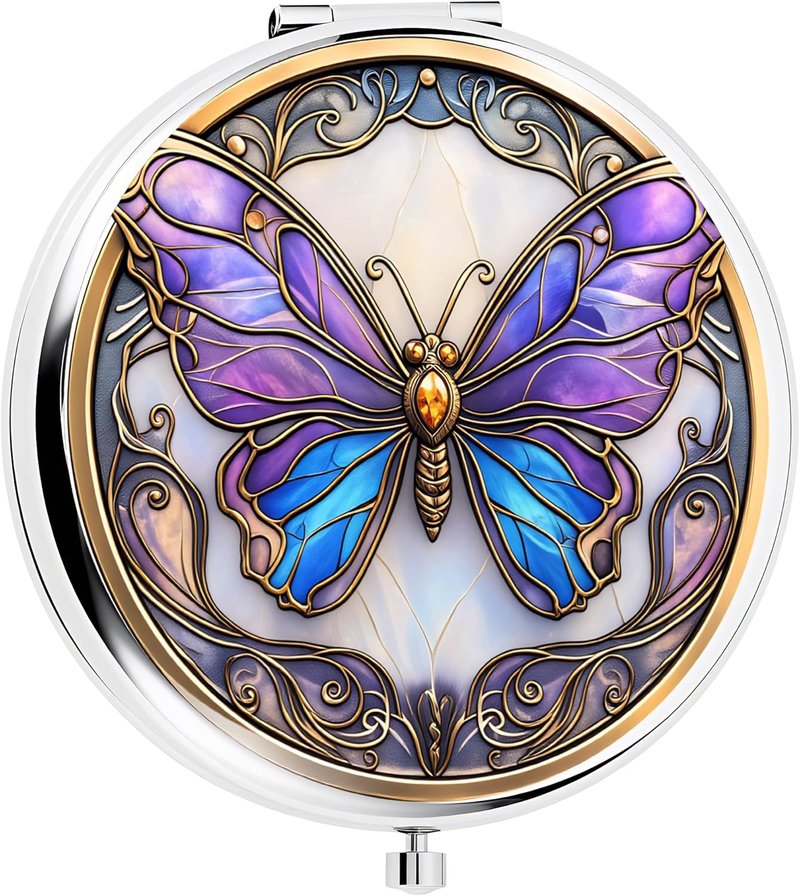 Silver Compact Mirror - Double-Sided Folding Makeup Mirror with Purple Butterfly Design | 2.8x2.8 Inch, Perfect Gift for Women
