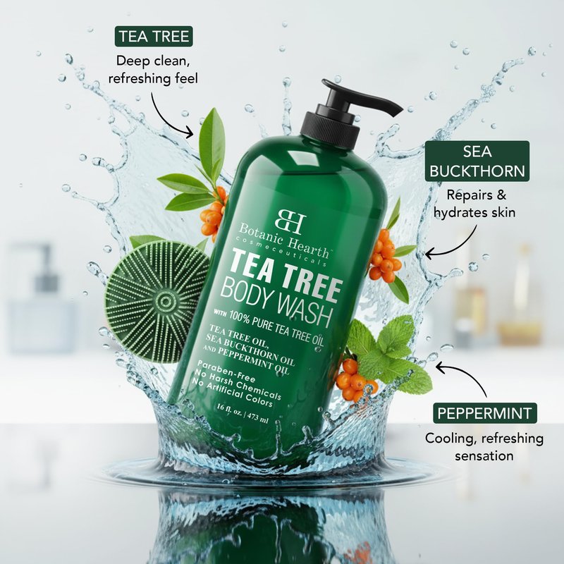 Botanic Hearth Tea Tree Body Wash with Silicone Dual-Sided Design Body Brush & Scrubber | Infused with 100% Pure Tea Tree Oil, Coconut, Jojoba |Foot & Body Cleanser | Paraben Free |16 fl oz