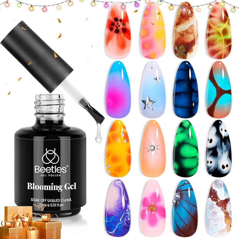 Beetles Nail Art Brushes Set - 5 Pcs Liner Brushes & 15ml Clear Blooming Gel Polish for Marble Effect