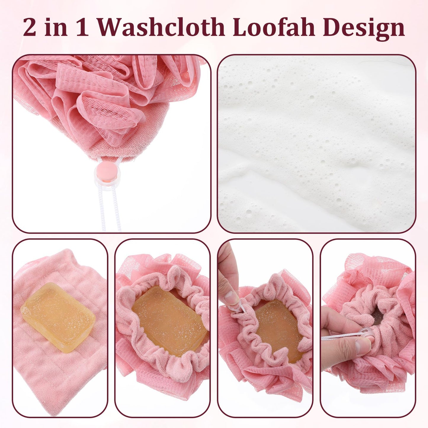 6 Pack Washcloth Loofah Combo, 2 in 1 Drawstring Loofah Sponge with Bar Soap Pocket Exfoliation Mesh Shower Puff Ball for Body Wash Cleansing and Smooth Skin (6 Colors, 6.7 x 6.7 Inch)