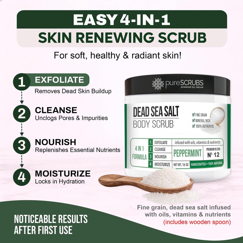 pureSCRUBS Premium Body Scrub for Strawberry Legs, Keratosis Pilaris (KP) & Ingrown Hairs – 4-in-1 Exfoliating Dead Sea Salt Formula – Smooth Skin, Reduce Razor Bumps & Dark Spots - Large 16oz