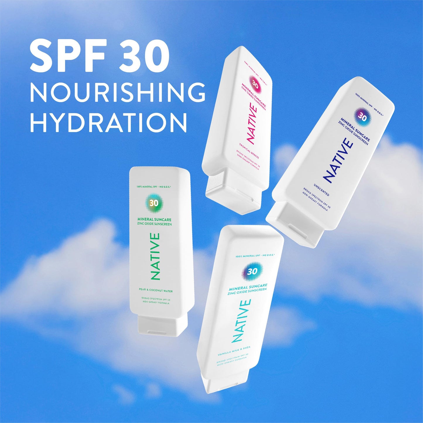 Native Mineral Sunscreen Lotion SPF 30, Unscented, with 100% Mineral Zinc Oxide for Face & Body, Hawaii Compliant, Vegan, No White Cast - 7 oz