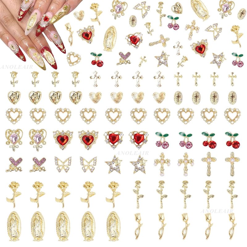 Gold Cross Star Nail Charms Set - 130 Pcs Heart & Flower Designs for DIY Acrylic Nails | Y2K Style