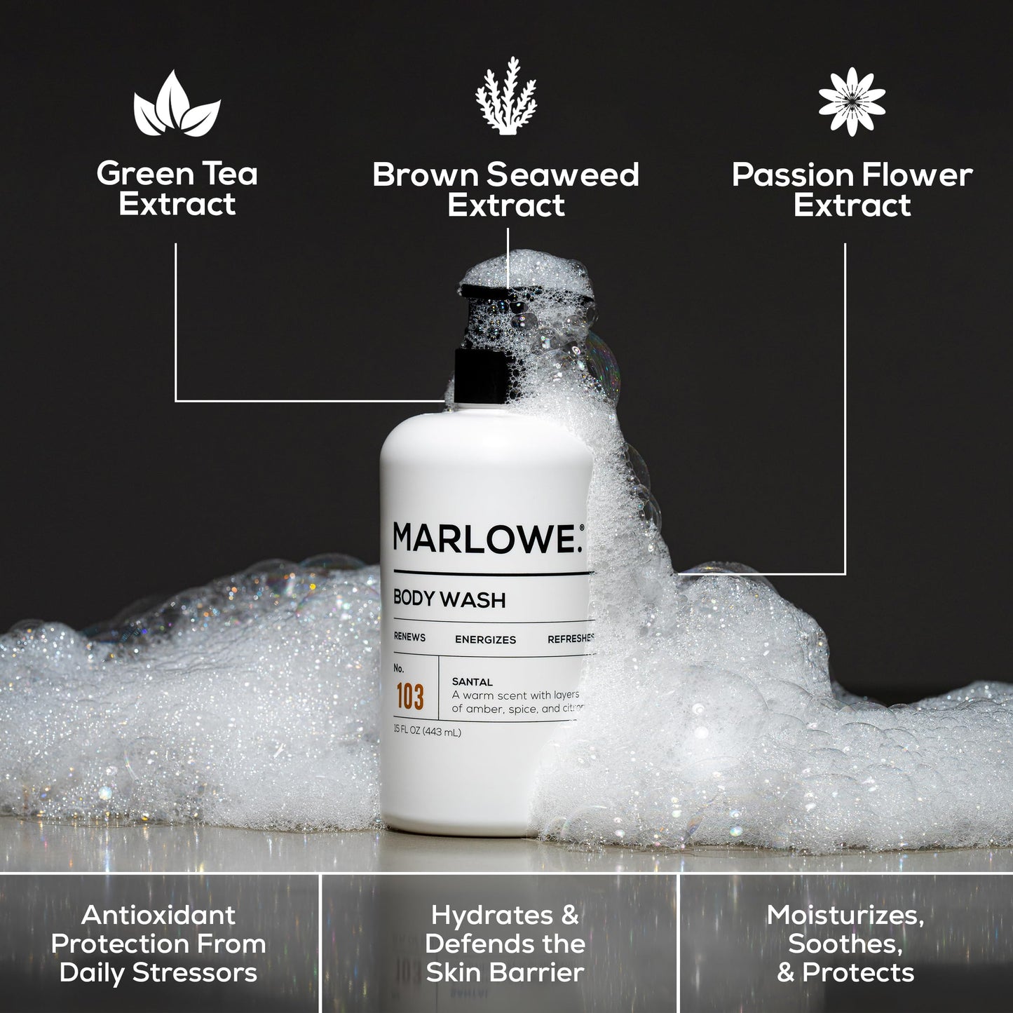 MARLOWE. Men's Body Wash, 15oz Pump, Energizing & Refreshing Shower Gel, Moisturizes, Nourishes, Clean Vegan Formula with Willow Bark & Green Tea Extracts, Warm Amber, Sandalwood & Citron Santal Scent