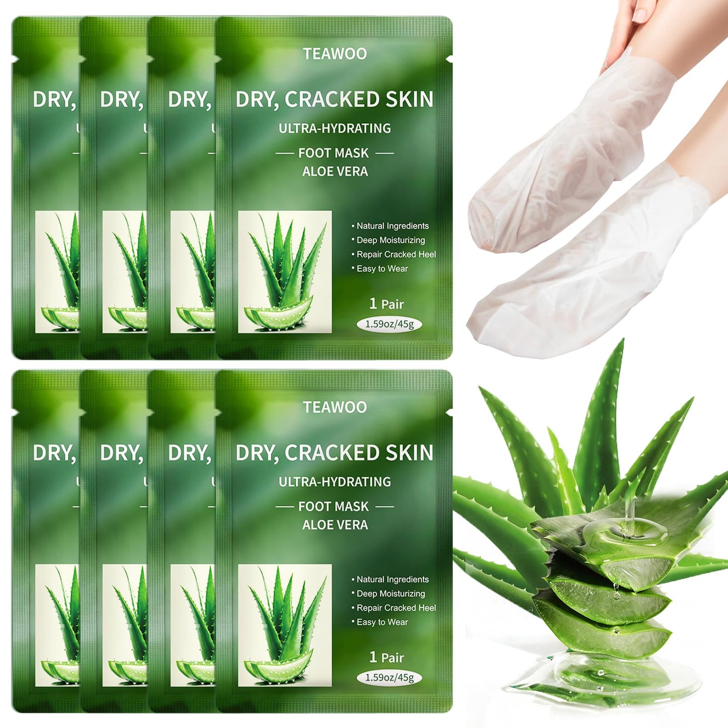 TEAWOO 8 Pairs Moisturizing Foot Masks with Aloe Vera Extract & Jojoba Oil, Intensely Hydrating Foot Mask for Dry Cracked Feet, Moisturizing Socks for Cracked Heel Treatment