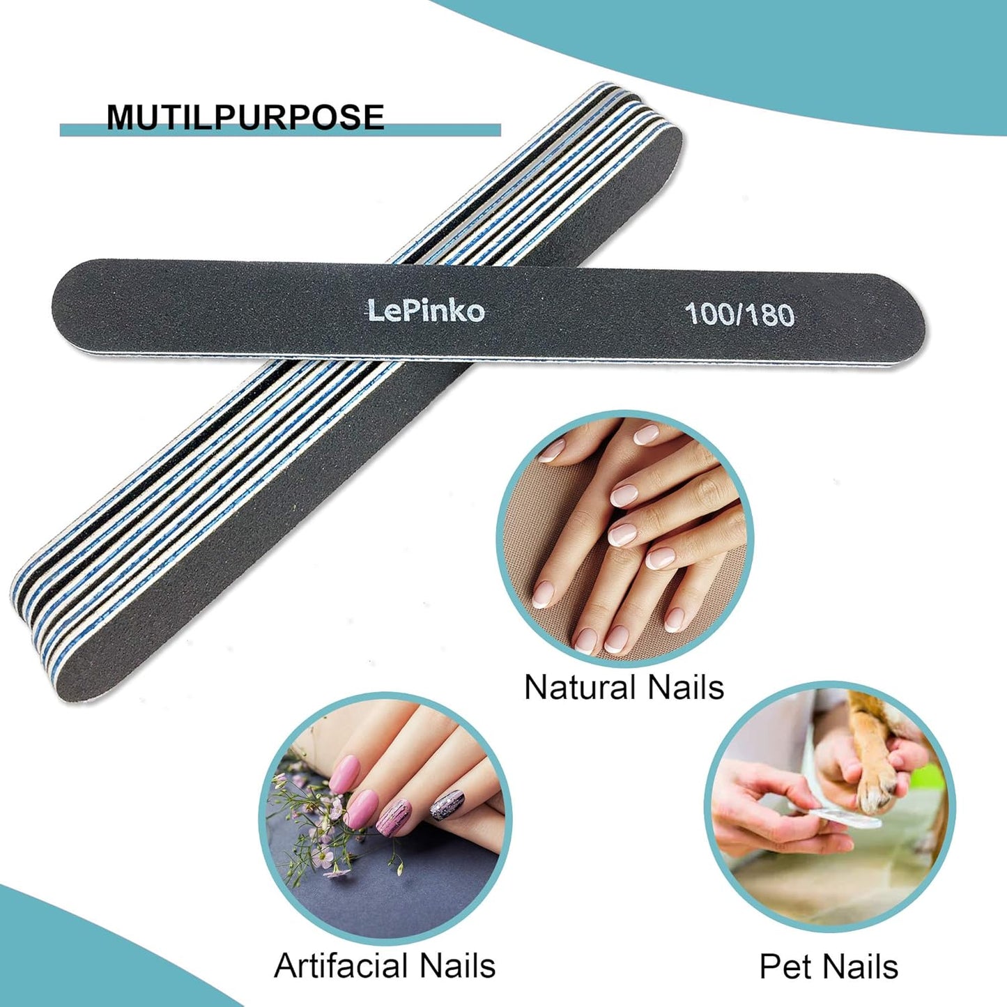 Skiennix Nail File Set - 10PCS Double-Sided 100/180 Grit Emery Boards for Professional Manicure & Pedicure | Washable Tool for Acrylic & Gel Nails