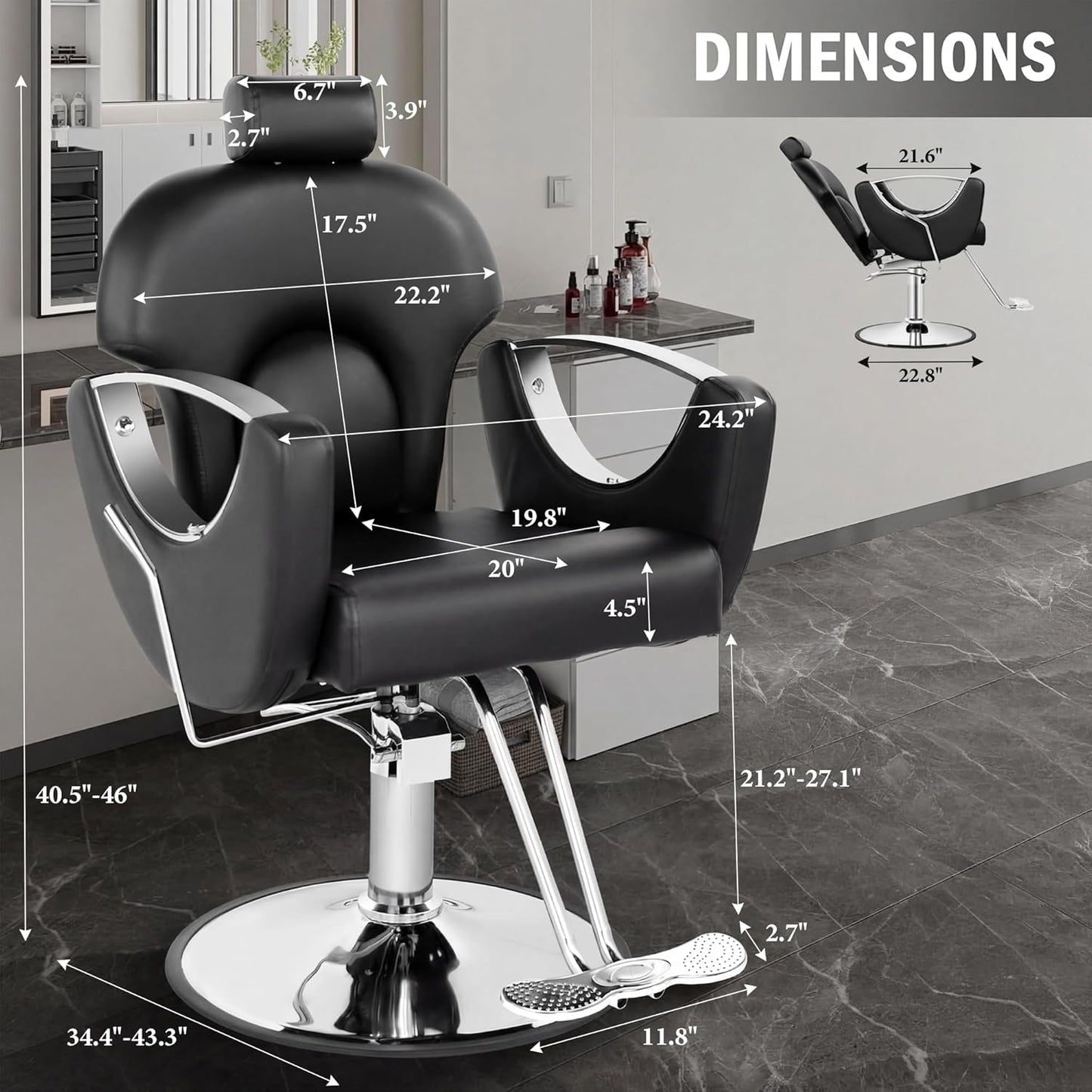 Skiennix Reclining Salon Chair - Heavy Duty Barber Chair with Adjustable Headrest | 360° Swivel, Black Silver, 440Lbs Capacity