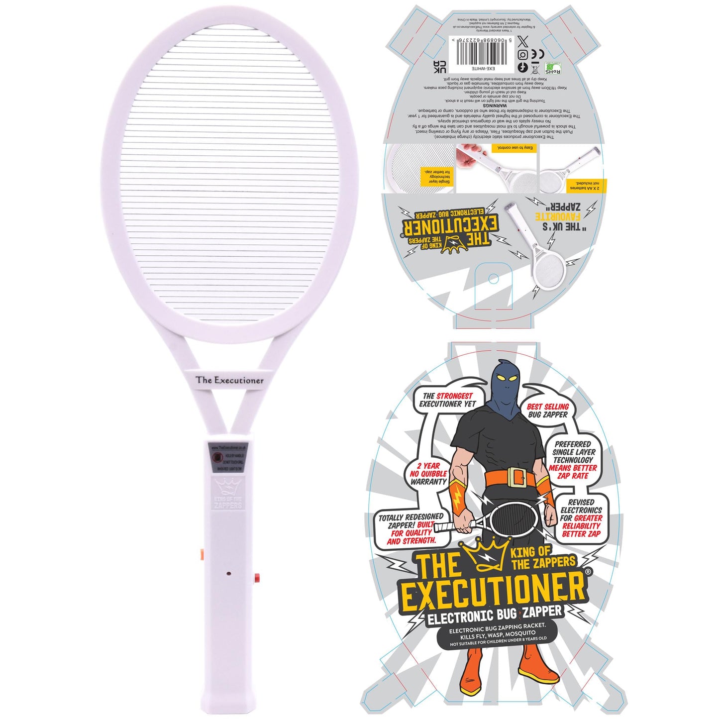 The Executioner Fly Zapper Mosquito, Wasp, Bug, Insect Killer Swatter Electric Fly Zapper Racket Single Layer for Efficient Zapping Indoor Outdoor (White)