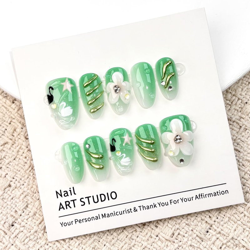 Green Ombre Press on Nails with 3D Flower & Swan Design, Glossy Almond Fake Nails with Rhinestones, Cute Glue on Nails for Spring & Women, 30 Pcs