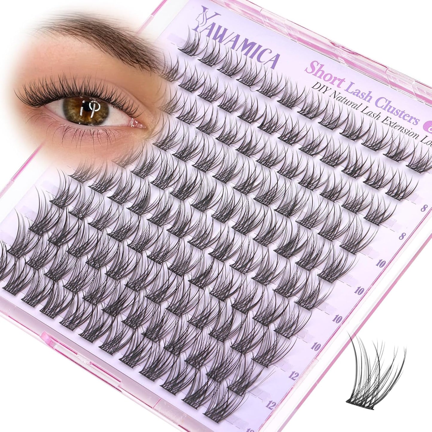 Yawamica Short Lash Clusters - 8-10-12mm Natural Eyelash Extensions with CC Curl | Beginner-Friendly Wispy Lashes