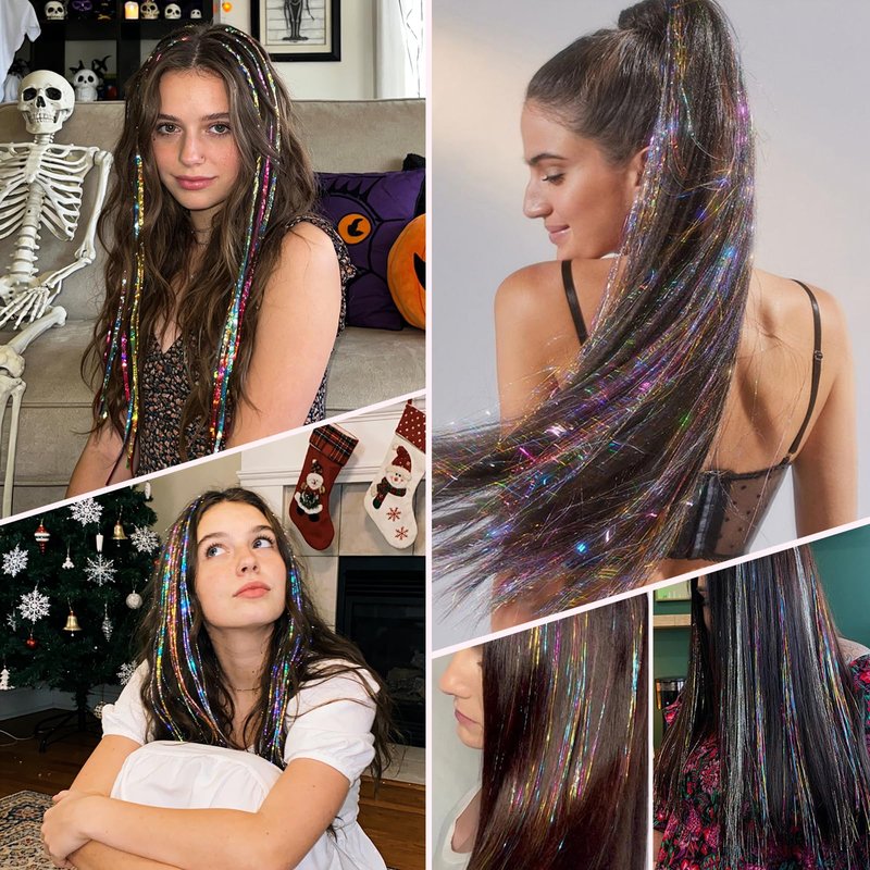 Leuceiy 16 Colors Hair Tinsel Kit, 36 Inch Hair Extensions With Tool, 4800 Strands Sparkling Dazzle Glitter Shiny Fairy Hair Heat Resistant for Girls Women Christmas New Year Festival Party