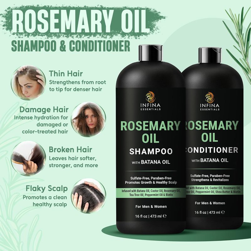 Rosemary Oil Shampoo and Conditioner Set - Sulfate-Free Thickening Formula with Batana Oil & Biotin | 16 fl oz Each | For Thinning Hair