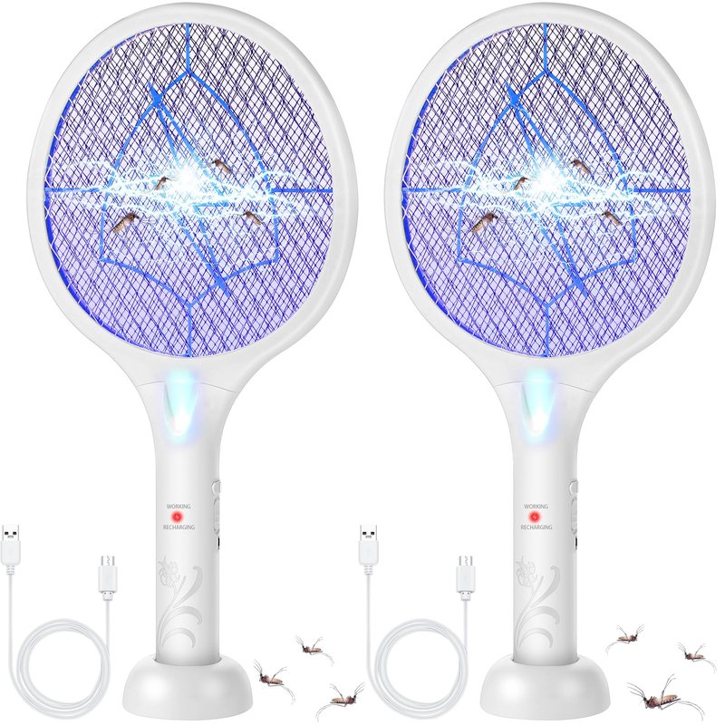 Qualirey Electric Fly Swatter 2 in 1 Rechargeable Mosquito Swatters UV Light Bug Zapper Racket Fly Mosquito Zapper Insect Control for Home Bedroom Kitchen Office Backyard Patio Indoor Outdoor (2 Pcs)