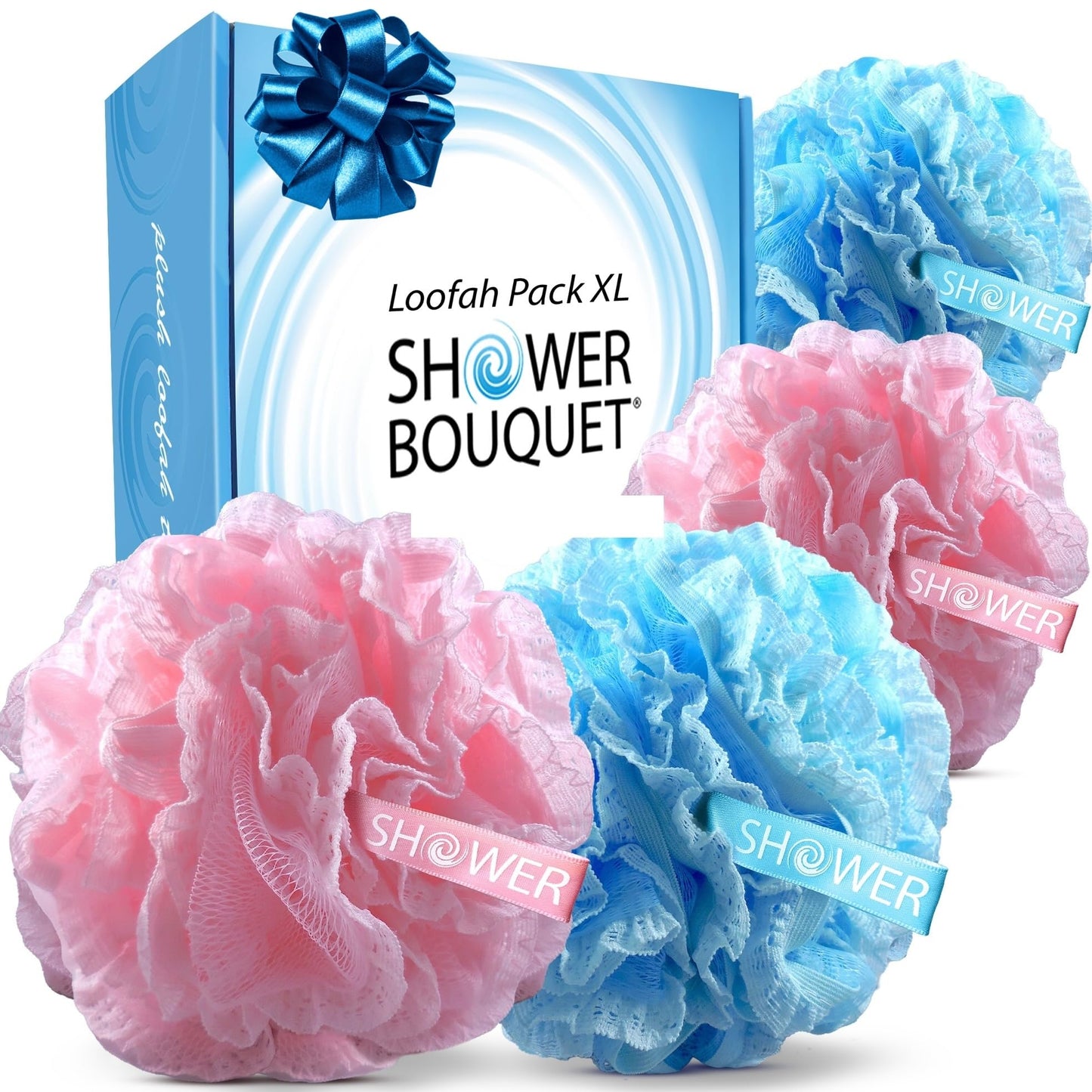 SHOWER BOUQUET Blue+Pink-Loofah-Bath-Sponge Lace-Mesh-Set // 2-Scrubs-in-1 // Large 60g Pouf 4-Pack Body Luffa Loofa Loufa Puff - Exfoliate, Cleanse Skin with Luxurious Bathing Accessories