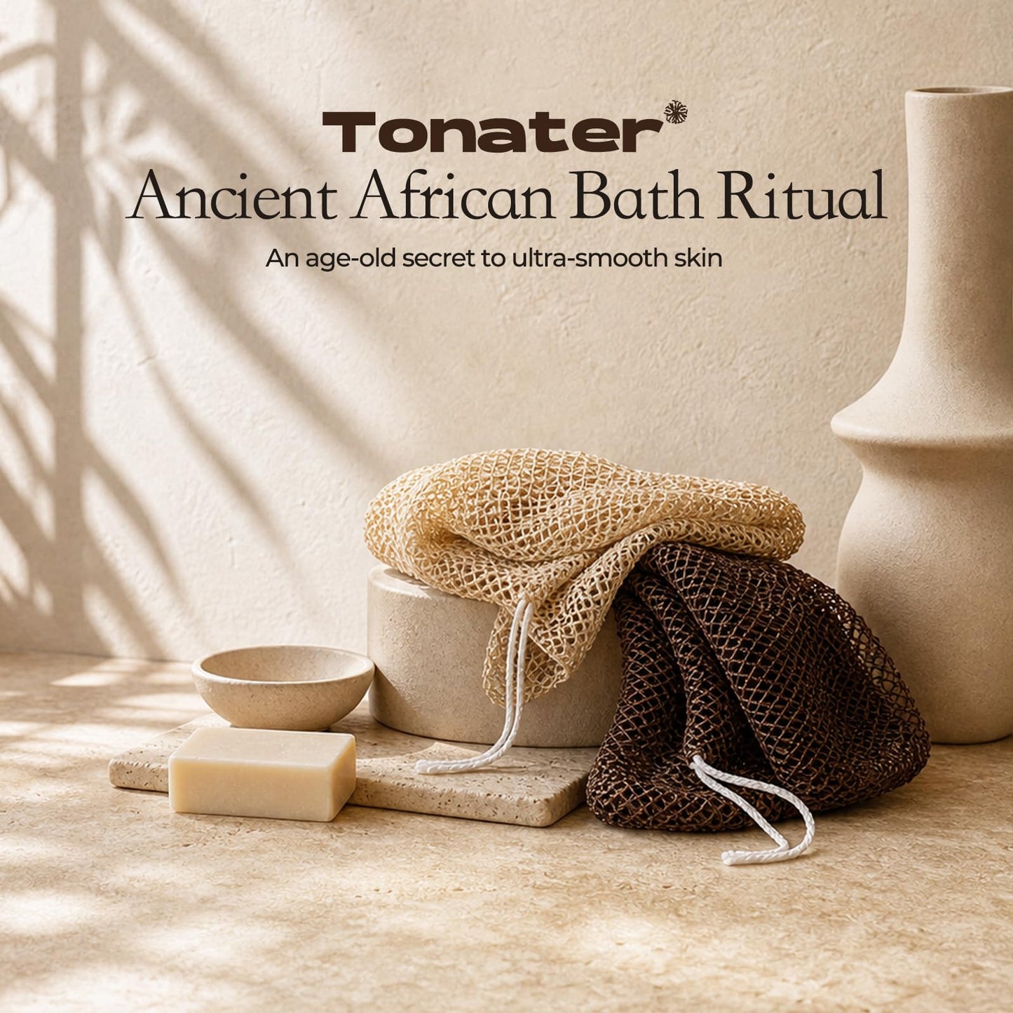 Tonater Body Scrubber 2 Pack, Authentic African Exfoliating Net Sponge Bath Shower Loofah, Up to 47.2" Stretched Nylon Scrubber for Sensitive Skin, Travel Portable Spa Gifts-Light Beige + Dark Brown