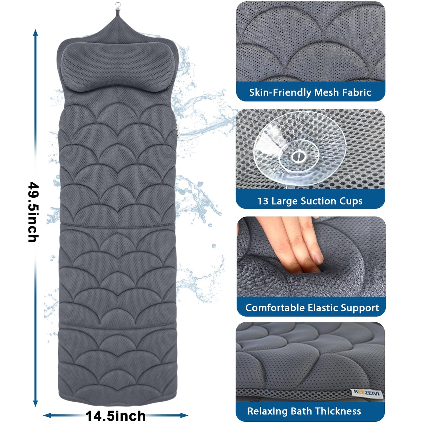 REEZEIVI Full Body Bath Pillow,Thick Bathtub Cushion with Laundry Bag,Bath Pillow with 13 Non-Slip Suction Cups,Soft 3D Mesh Fabric,Bathtub Cushion for Headrest Neck and Back Support (Gray)