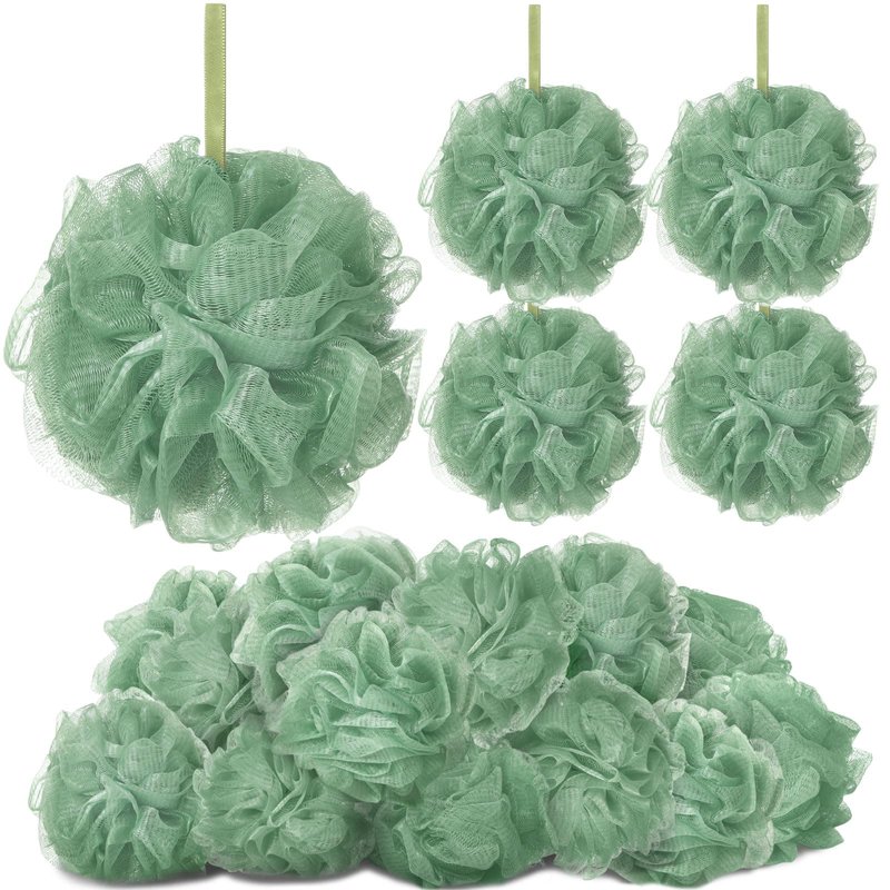 FuWeave 24 Pcs Bath Loofah Sponge Loofah Exfoliating Body Scrubber Shower Sponge 50g Mesh Pouf Balls Gift Basket for Baby Shower Women Men Bathing Accessories Wedding Gift Bucket(Sage Green)