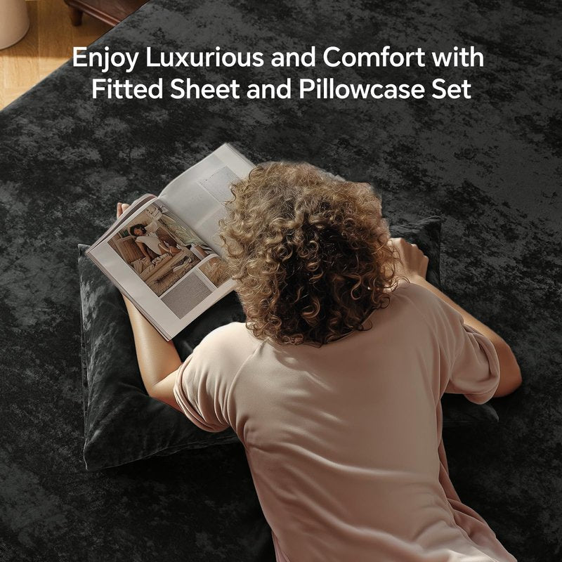 BEDELITE Velvet Fitted Sheet and Pillowcases Set, Luxury Soft Fuzzy Bottom Sheet with Reinforced Elastic Corner Straps, Deep Pocket up to 15 Inch, 1 Fitted Sheet and 2 Pillowcases (Queen, Black)