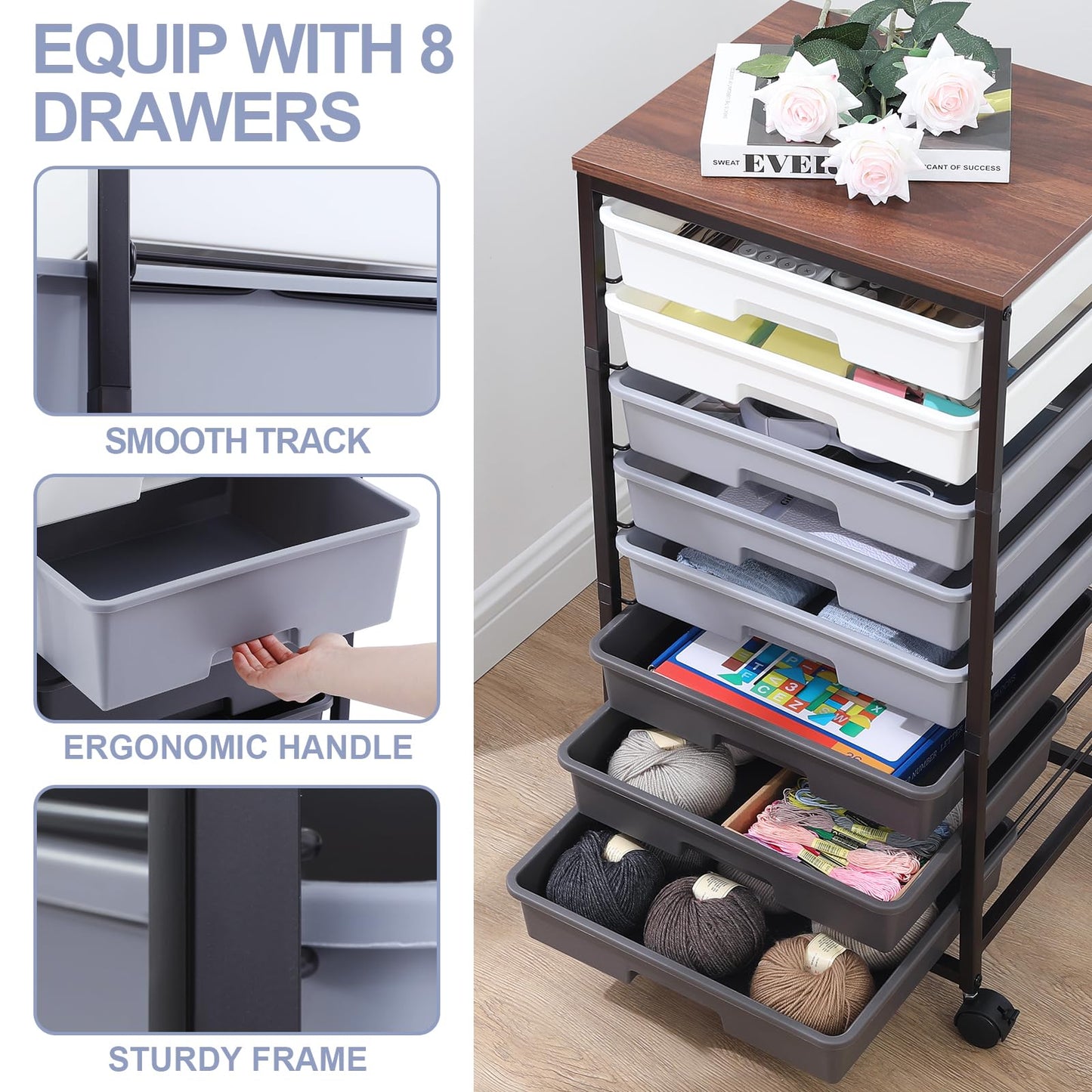 SYKIARIOL Rolling Cart with Drawers,Utility Cart With 8 Drawers and Wooden Tabletop for Living Room,Classroom,Bedroom,Bathroom,Dorm,Office,Dark Grey