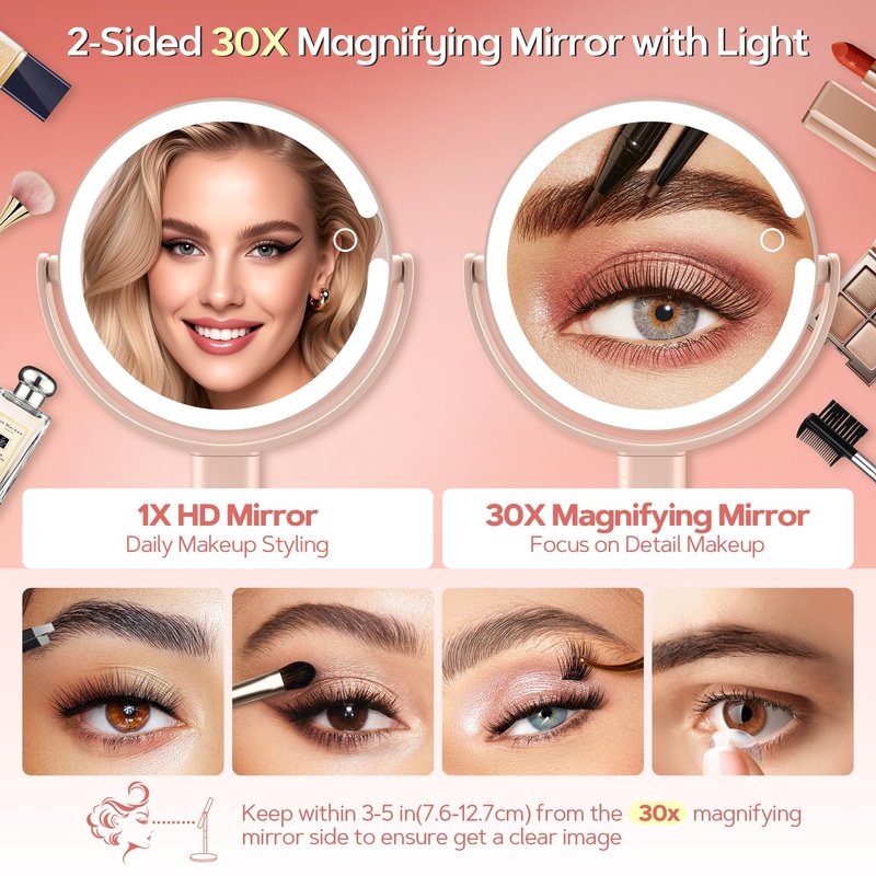 B Beauty Planet Makeup Mirror with Lights, Lighted Magnifying Mirror 30X with 3 Lighting and Adjustable Brightness, 2-Sided Height Adjustable Vanity Mirror for Bathroom, Gifts for Women Pink