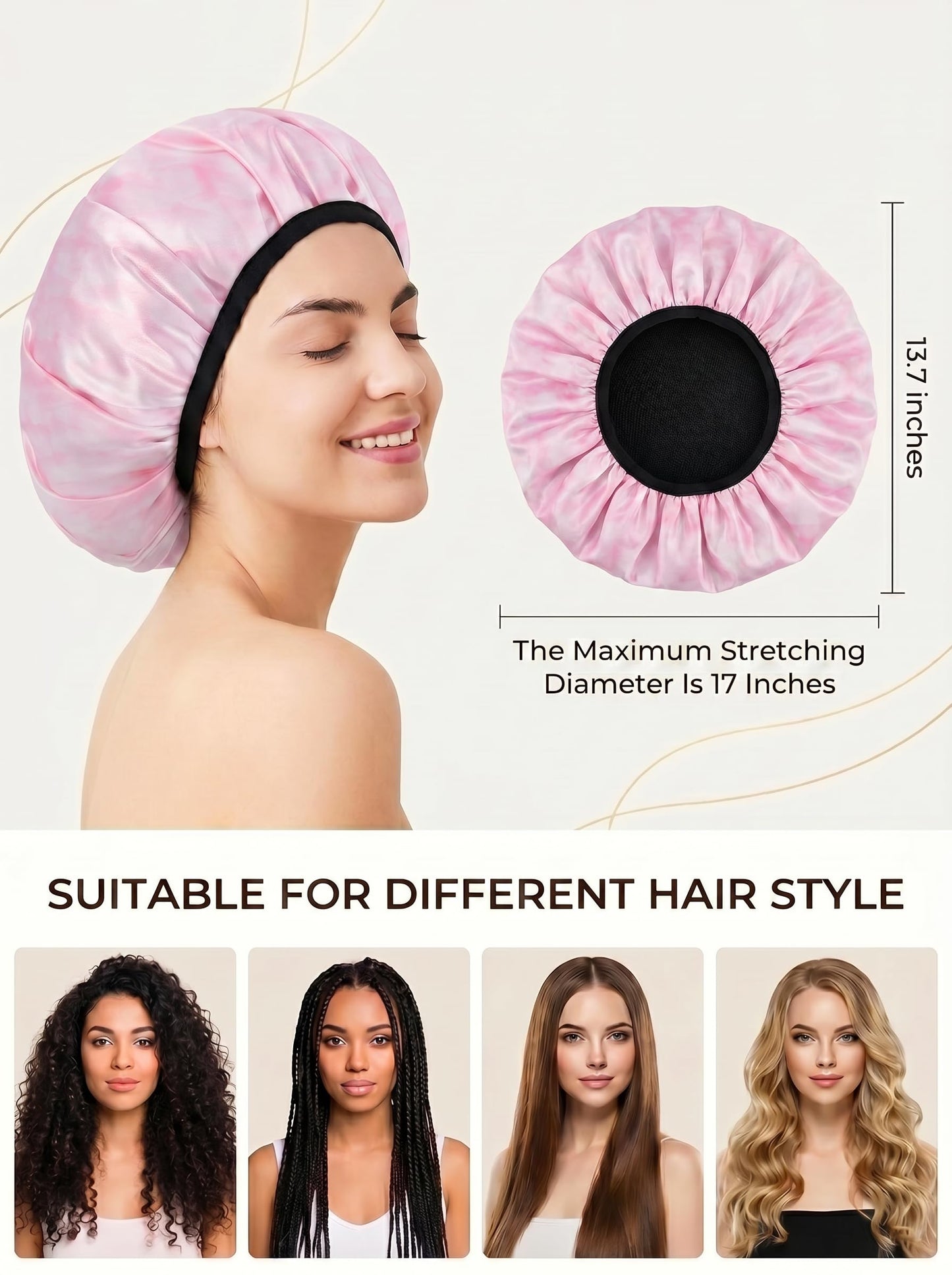 Aquior Shower Cap,Extra Large Triple Layer Bathing Cap with Dry Hair Function for Women Microfiber Terry Cloth Silky Satin 100% Waterproof Reusable Long Hair Bath Caps (Pink Cloud)