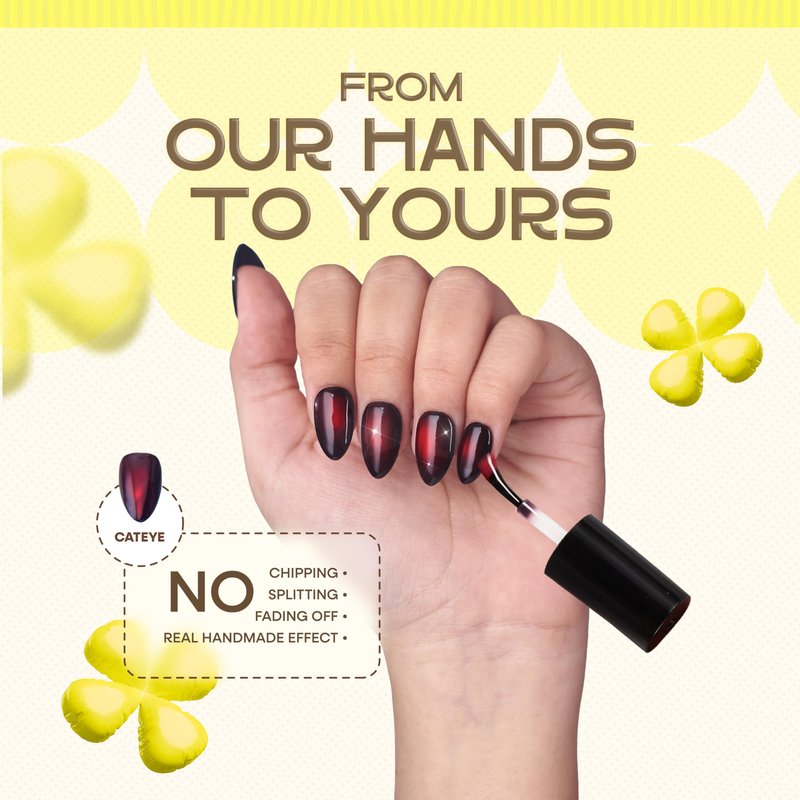 Nailique Press On Nails Short Almond – Handmade Cat Eye Soft Gel Dark Black Red, 26pcs Reusable Nail Tips with Lamp-Curable Glue, Glossy Glam Valentine Wedding Party Manicure