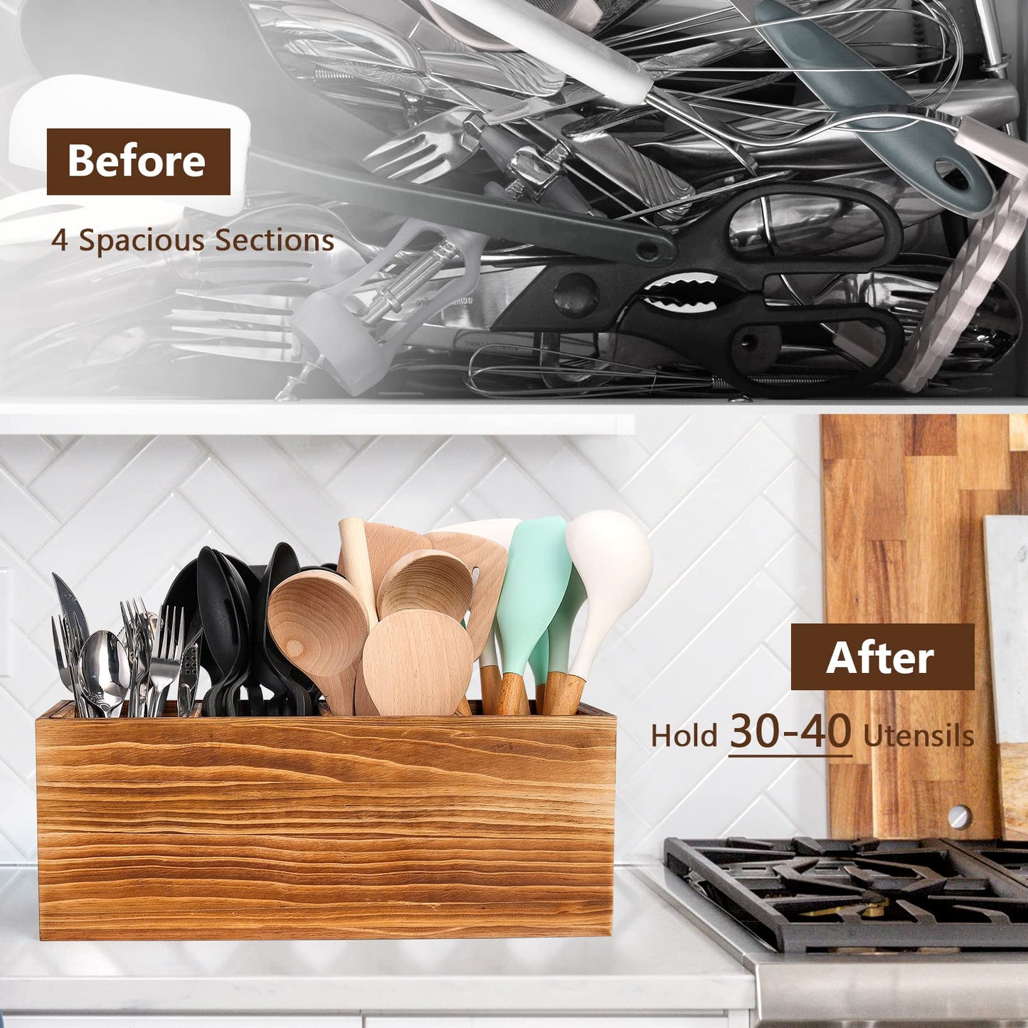 Yumkfoi Extra Large Utensil Holder, 4 Sections Wooden Utensil Organizer for Countertop, Rustic Utensil Caddy Crock Counter Organizer and Cooking Tools Storage