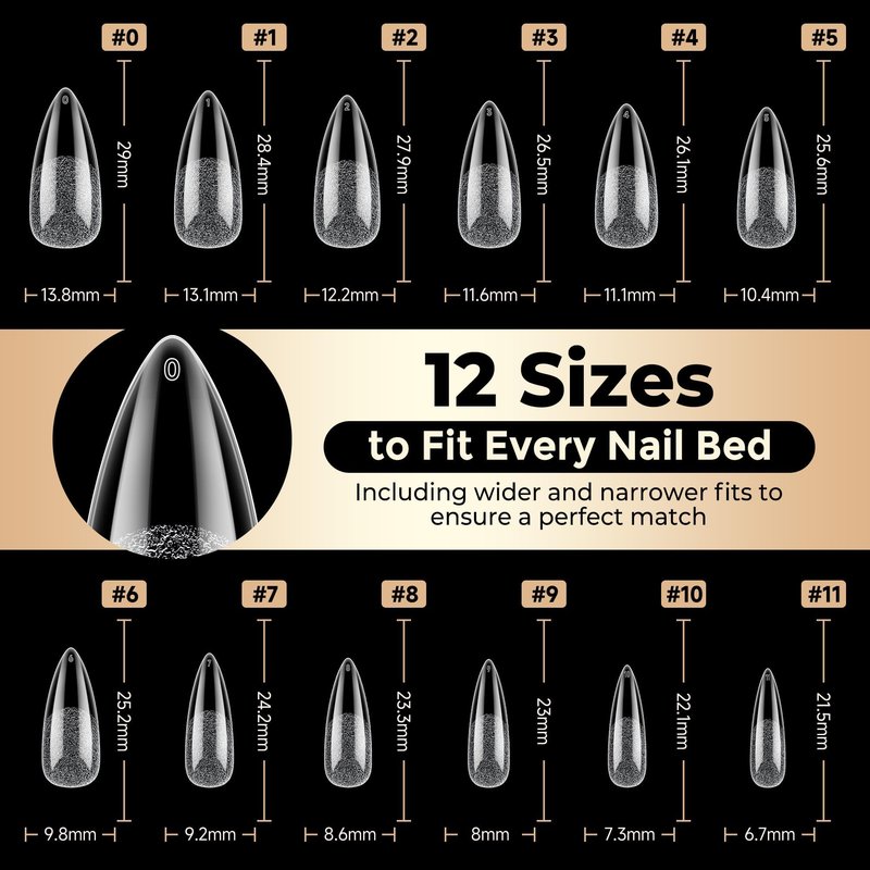 Medium Stiletto Nail Tips: 504pcs Full Cover Soft Gel Nail Tips, 12 Sizes Pre-Etched Half Matte Clear Stiletto Press on Nails No C Curve For Nail Extensions Home Salon