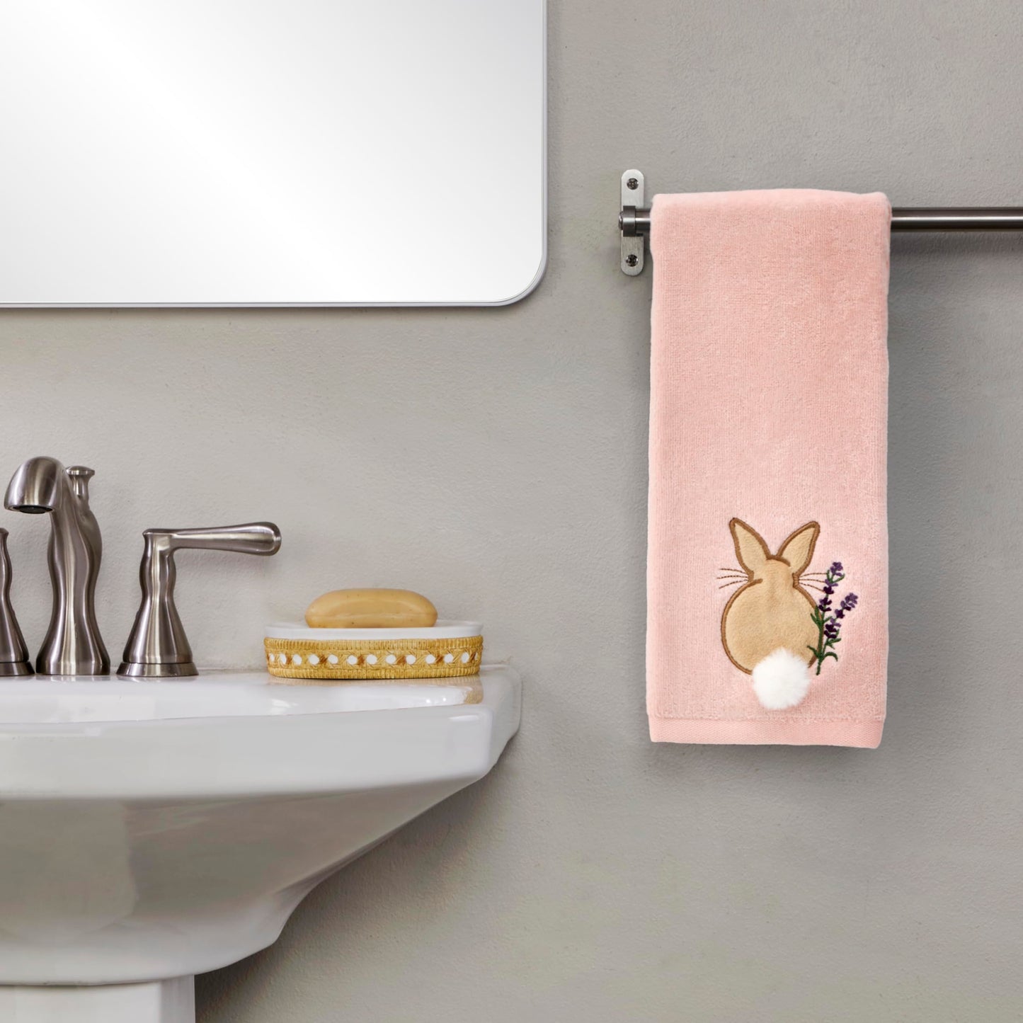 SKL Home Easter Cotton Tail 100% Cotton Embroidered 2pc Hand Towel Set with 3D Embellishment, Decorative for Bath/Kitchen/Bar & Gift, Pink