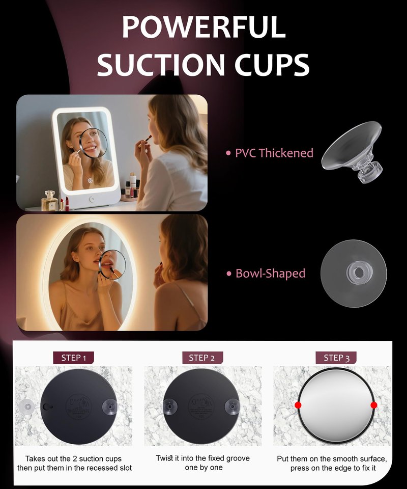 Haikopoon Magnifying Mirror 20X&30X&40X 3Packs with Tweezer and Suction Cups Set, 3.5 Inches Compact Travel Magnified Mirror-Black