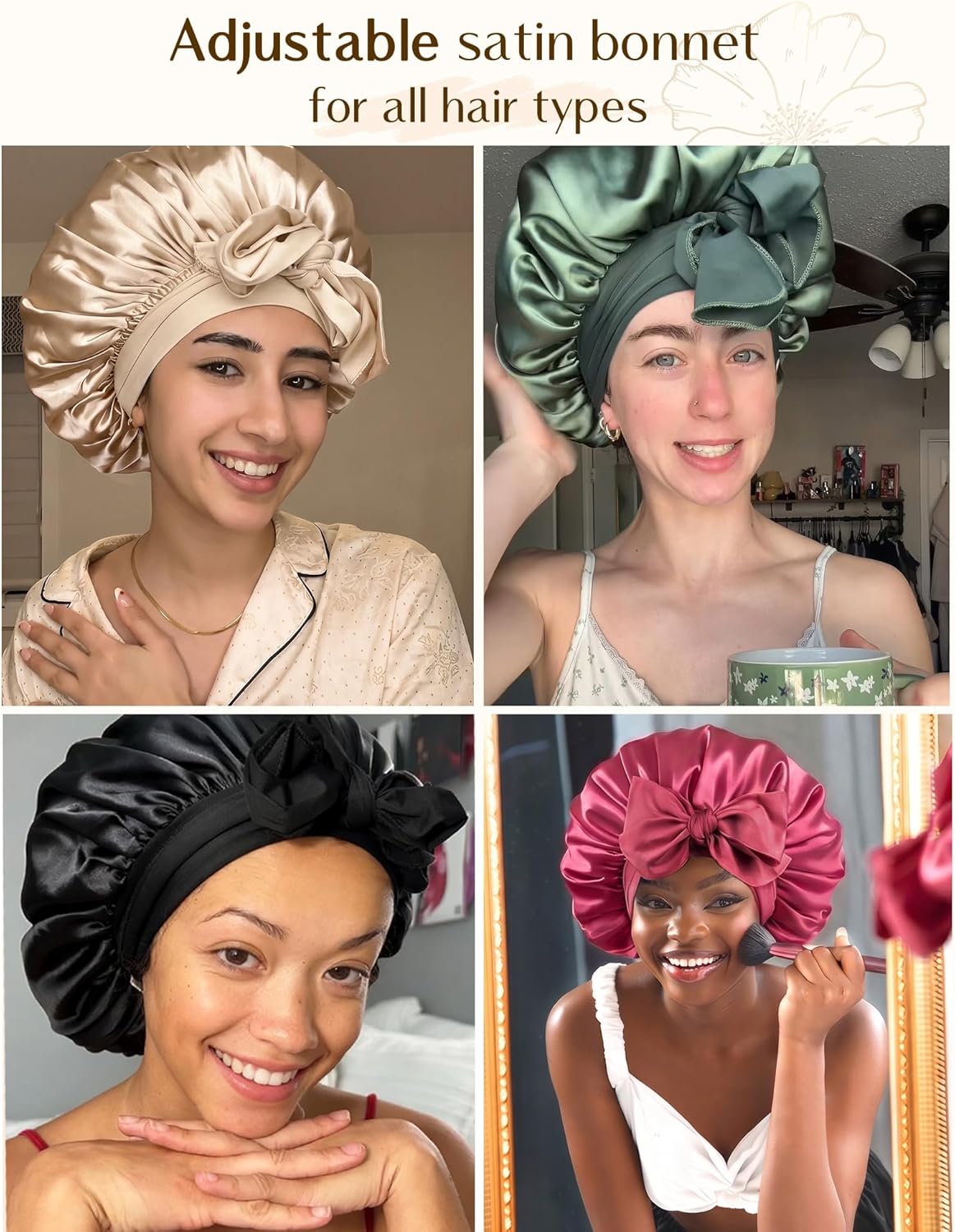 YANIBEST Adjustable Satin Bonnet - Double Layer Hair Wrap to Reduce Friction & Prevent Frizz for Natural Curly Hair