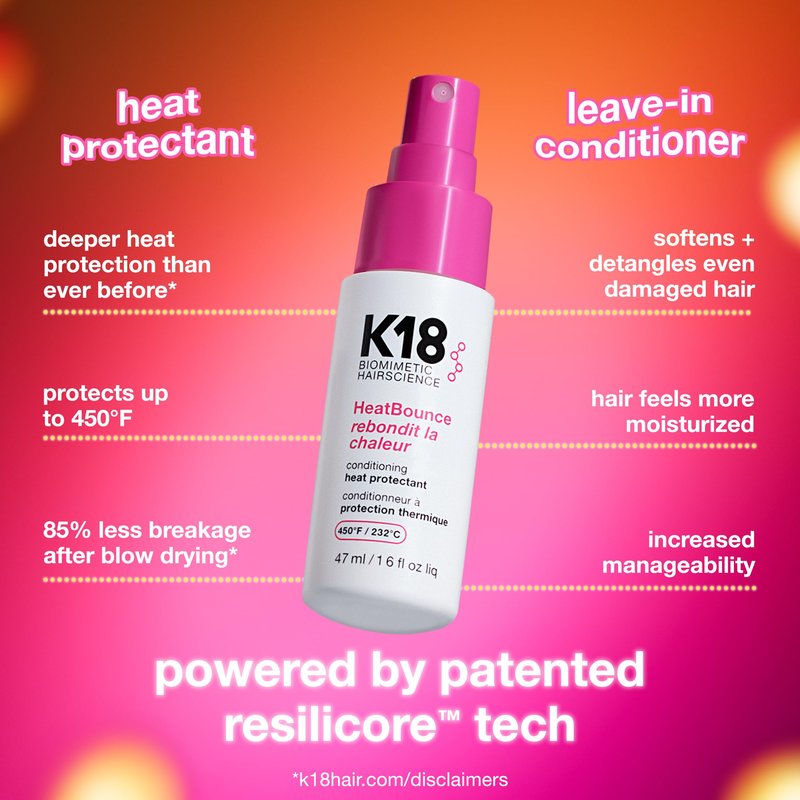 K18 HeatBounce Conditioning Heat Protectant Spray, Lightweight Leave-In Conditioner + 450℉ (232°C) Inside-Out Heat Protection, Soften, Smooth + Detangle All Hair Types, 1.6 Fl Oz Liq