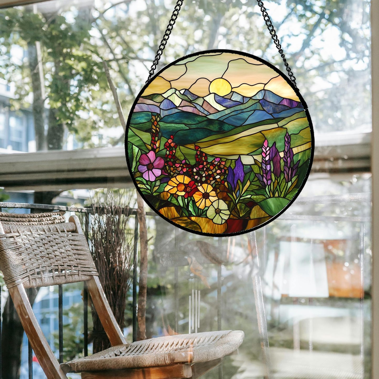 QZQCBLC Stained Glass Window Hanging Purple Wildflowers Pastoral Scenery Large 11.8" - Suncatcher Door Garden Sun Catcher Home Decor Birthday Christmas for Mom Men Woman Friend