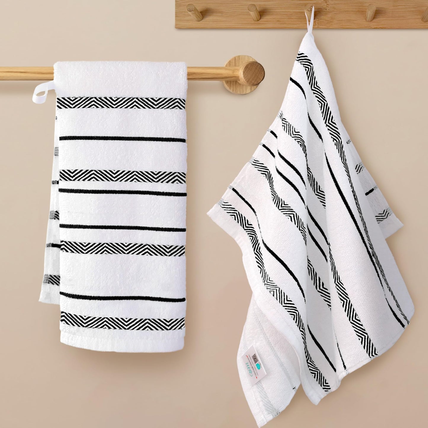 VOOVA & MOVAS Dish Towels for Kitchen Set of 2, 16"x26" - 100% Cotton | Soft | Absorb | Daily Use, Stripe Kitchen Hand Towels with Hanging Loop, White with Black Stripes