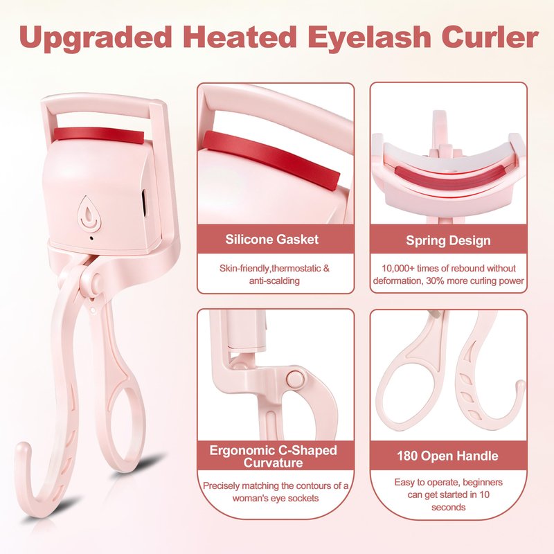 Heated Eyelash Curler for Women, C Curl Electric Lash Curler, Anti-Burn Silicone Pad, Fast Heat-Up, Rechargeable Portable Makeup Tool for Straight Lashes, Pink