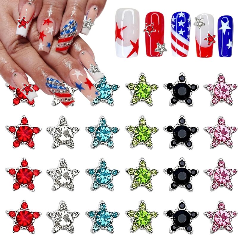 250th Anniversary Nail Charms - 24Pcs Red, White & Blue Star Rhinestone Gems for Patriotic Nail Art
