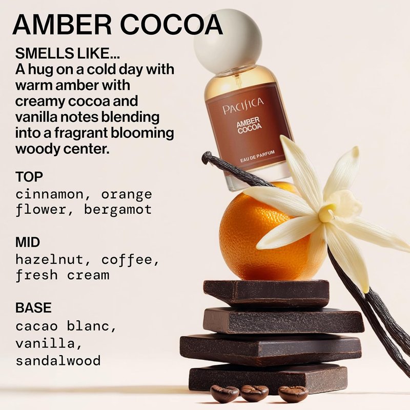 Pacifica Amber Cocoa Eau de Parfum | Warm Spiced Gourmand Perfume with Cinnamon, Coffee & Vanilla - 1 fl oz