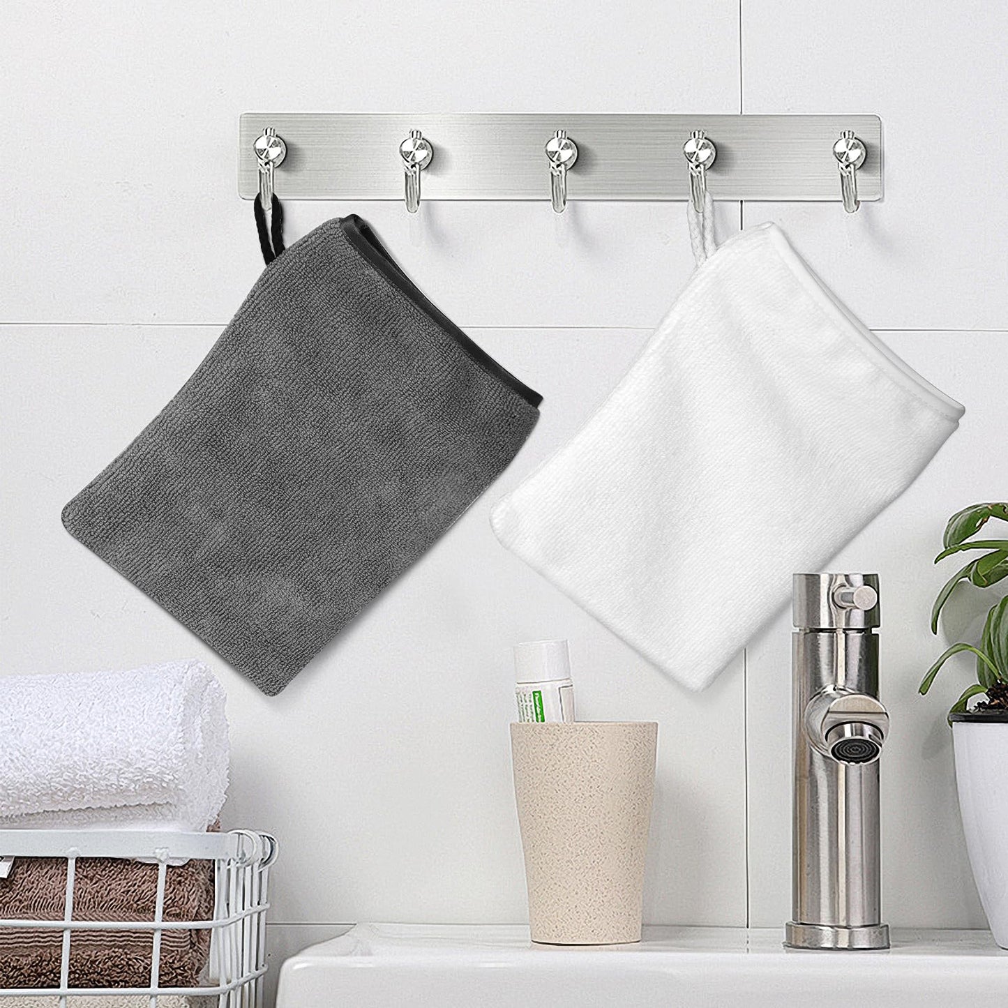 PHOGARY Microfiber Face Cloths, 6"x8" Fast Drying Bath Mitts Washcloth, Super Absorbent Soft Lightweight Towel Body Facial Cloths Small Wash Mitt for Travel Showering Washing Face(6 Pack,White & Grey)