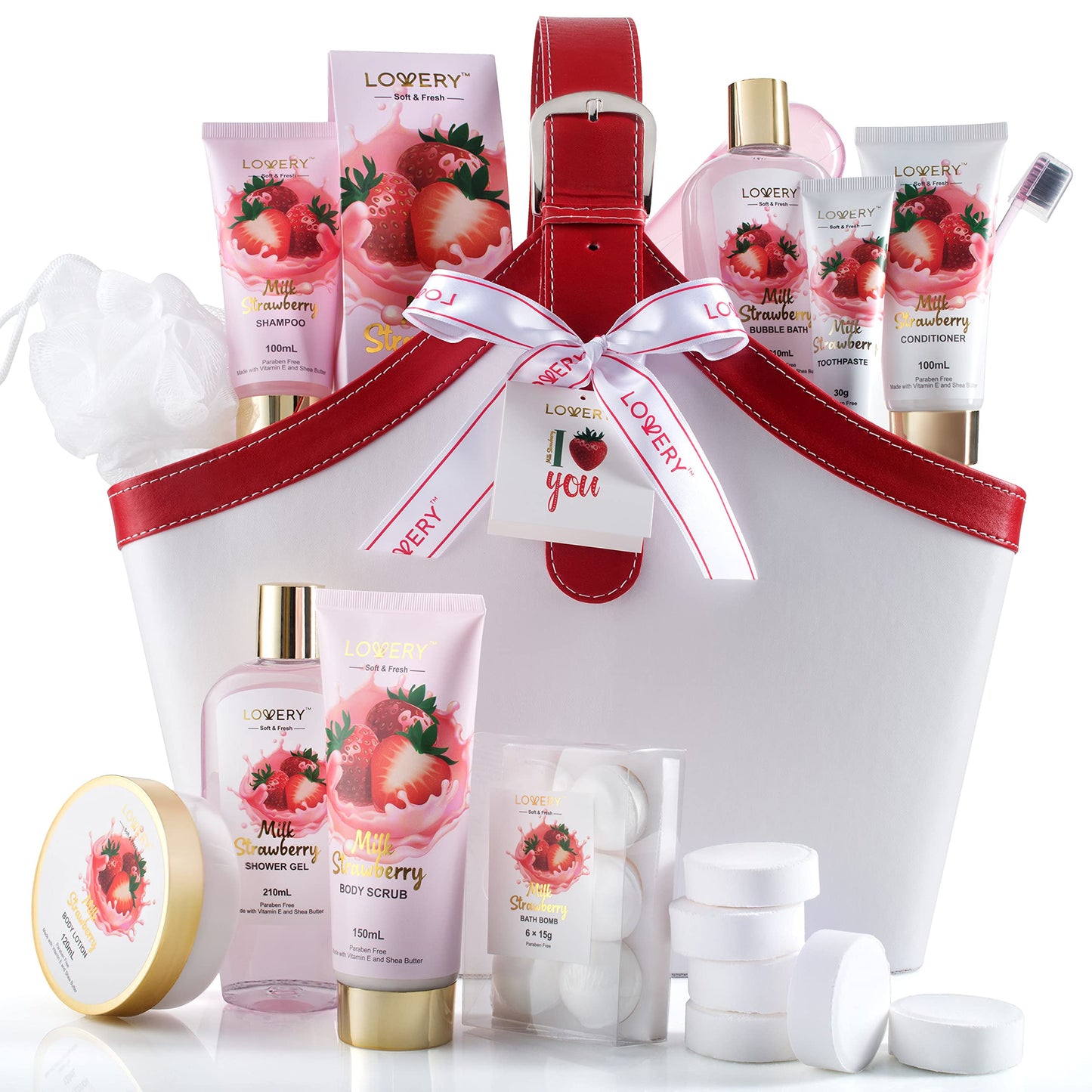 Home Spa Kit Birthday Gift Set – Strawberry Milk Bath Set, 25Pcs Shower Gel, Body Lotion, Shower Steamers, Shampoo, Tooth Paste & Brush in a Leather Tote Bag, Luxury Bath & Shower Package for Women