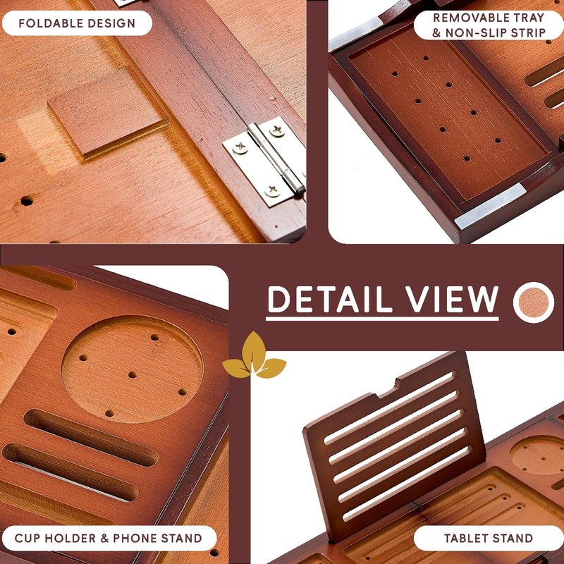 Premium Foldable Bamboo Bathtub Tray Caddy, Expandable Bath Caddy Tray with Holder, Brown Bath Shelf Over Tub, Spa Bathroom Accessories & Gifts for Home