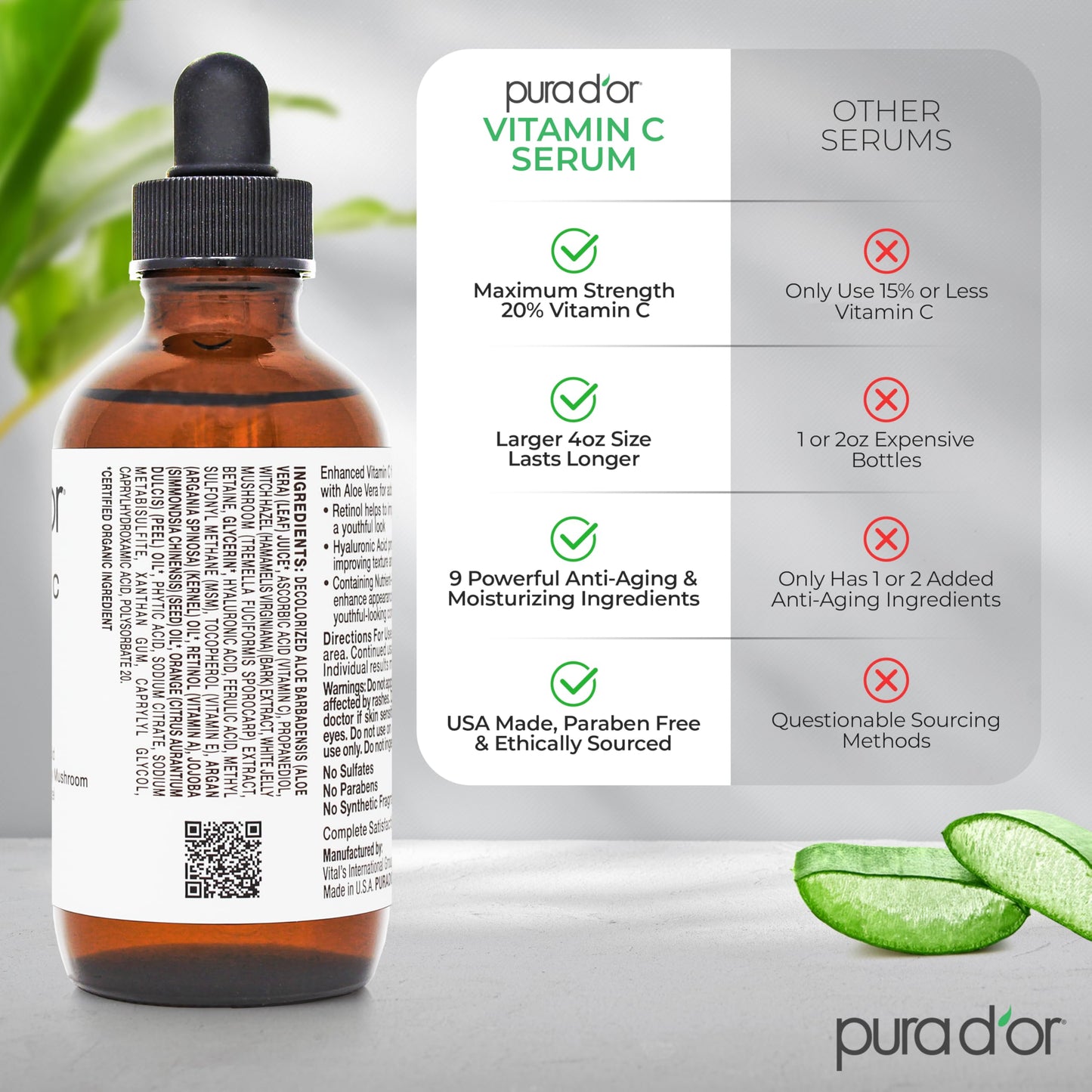 PURA D'OR 20% Vitamin C Facial Serum 4 Oz Antioxidant Anti-Aging Blend w/Retinol, Hyaluronic Acid, Ferulic Acid - Hydrating Lightweight Ayurvedic Skin Care - Men Women Daily Use