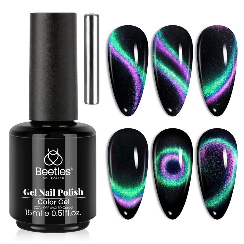 Beetles Cat Eye Gel Nail Polish - 15ML 9D Chameleon Cat Eye Green Purple Double Magic Colors Gel Polish with Magnet Soak Off UV Velvet Gel Galaxy Drift Collection Nail Art Design Gift for Women