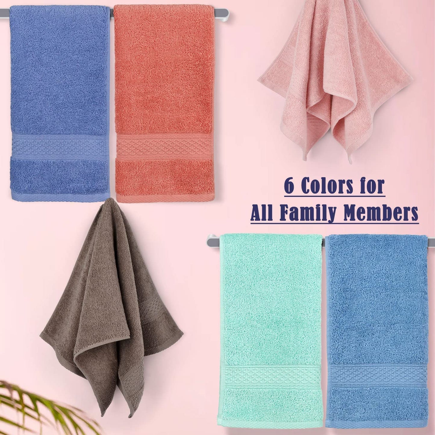 Cleanbear Cotton Hand Towel Set 6-Pack Ultra Soft Hand Towels with Assorted Colors (13 x 29 Inches) Lightweight and Quick Dry