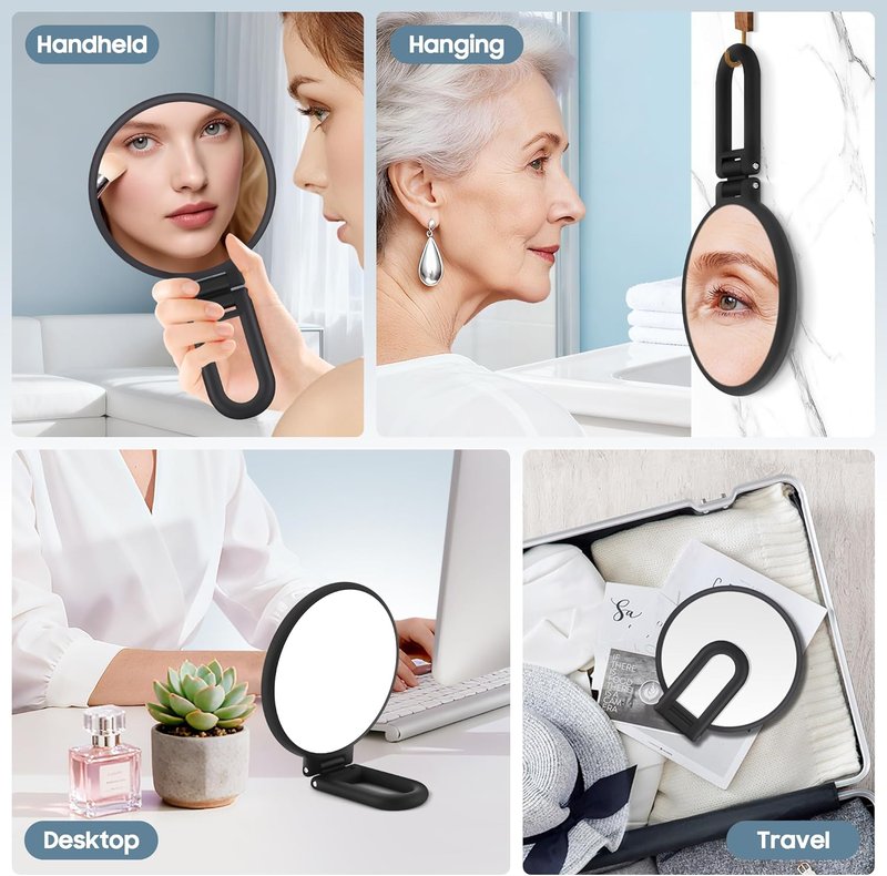 B Beauty Planet 40X Magnifying Hand Mirror - Double-Sided, Portable & Foldable | Ideal for Makeup, Black