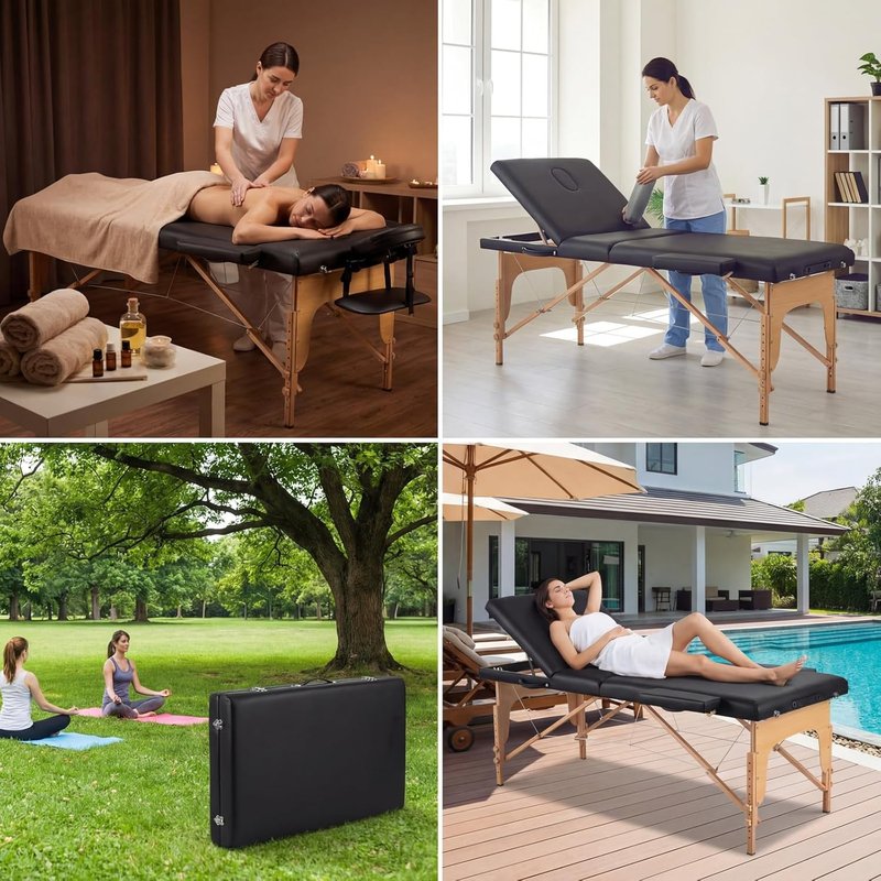 CHRUN Portable Massage Table - 24" Wide Foldable Beauty Spa Bed with Adjustable Height & Carry Bag (Black)