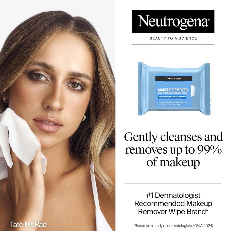 Neutrogena Makeup Remover Wipes - Ultra-Soft Micellar Cleansing Cloths | 25 Ct, Alcohol-Free, Plant-Based