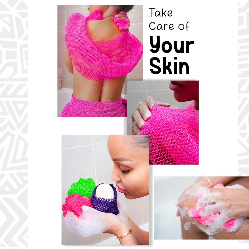 African Net Sponge, Premium Authentic Exfoliating Body Scrubber, Extra Long Stretch Bath Sponge for Shower, Deep Exfoliating Washcloth for Smooth Skin, 2 Pack (Purple & Green)