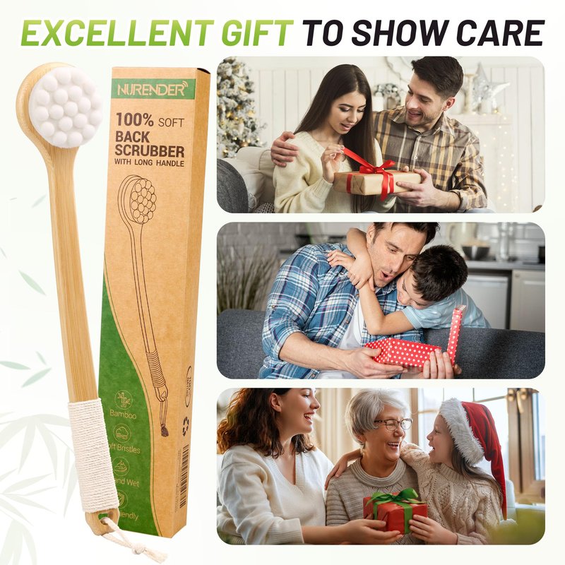 NURENDER Back Brush for Shower, 17.32'' Long Handle Soft Bristles for Sensitive Skin, Effective for Cleansing, Non Slip Grip, Wall Mounted Dry Quickly, Exfoliation Body Scrubber for Men/Women/Elderly